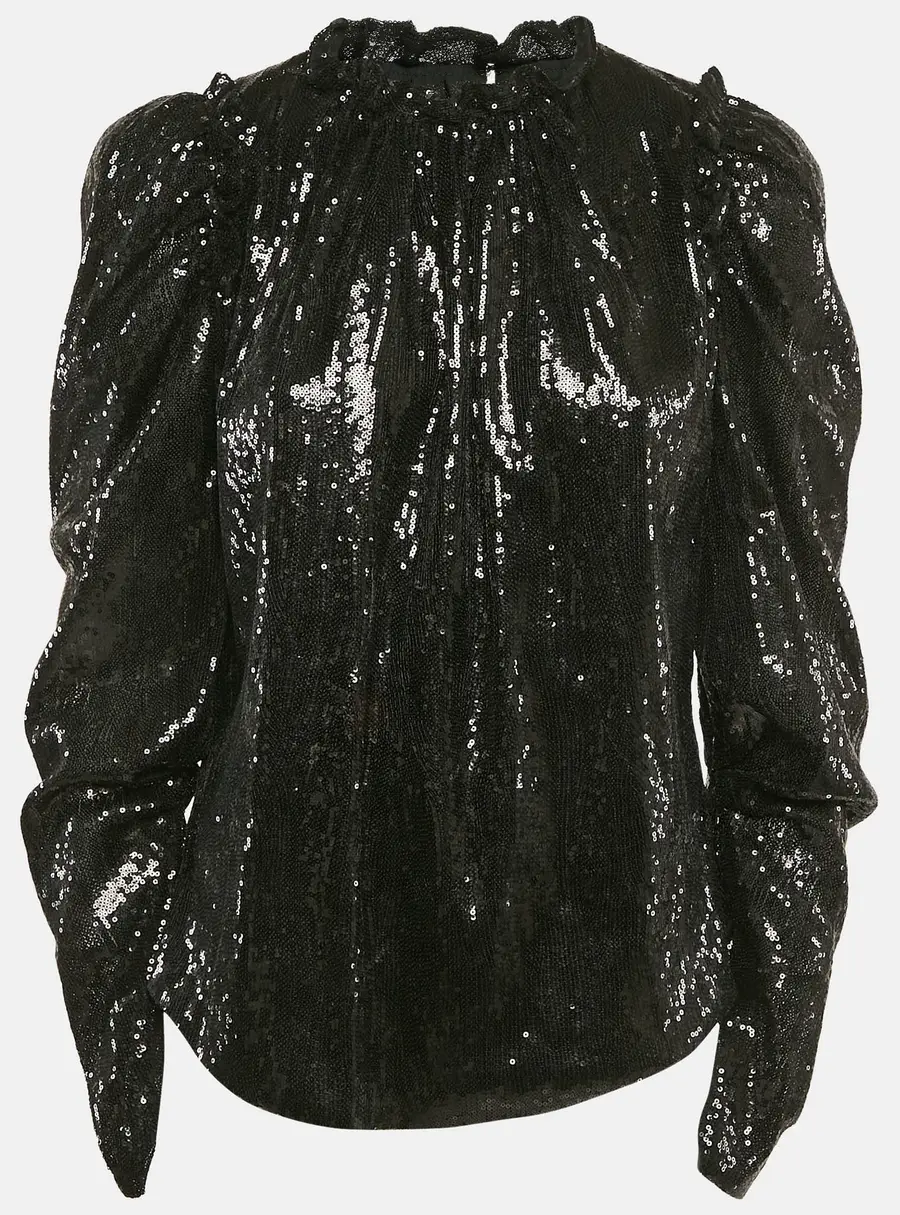 INGIE PARIS Black Sequin Crepe Ruffled Top S
