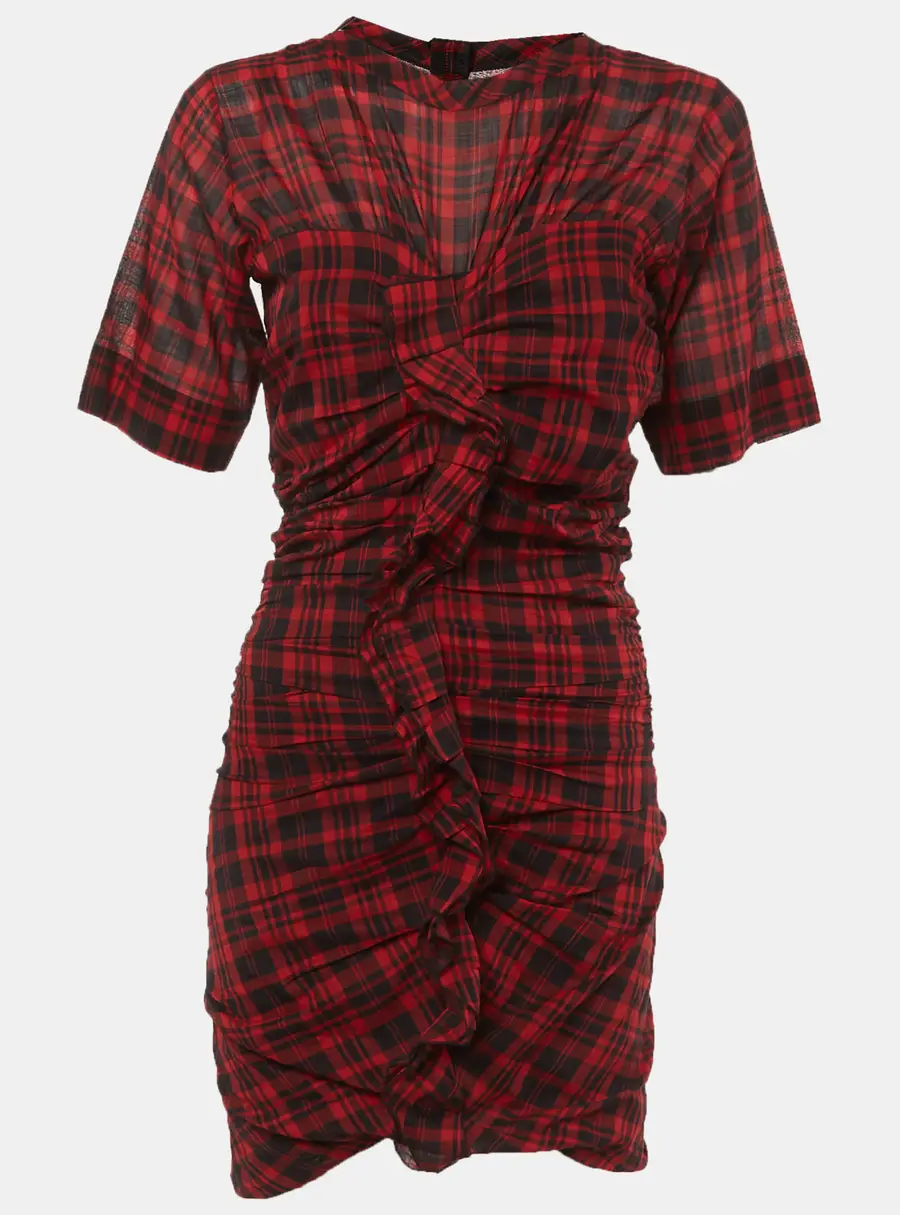 Isabel Marant Etoile Red Plaid Print Cotton Ruched Mini Dress M