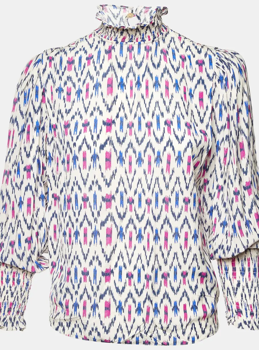 Isabel Marant Etoile White Ikat Print Crepe Yoshi High Neck Top S