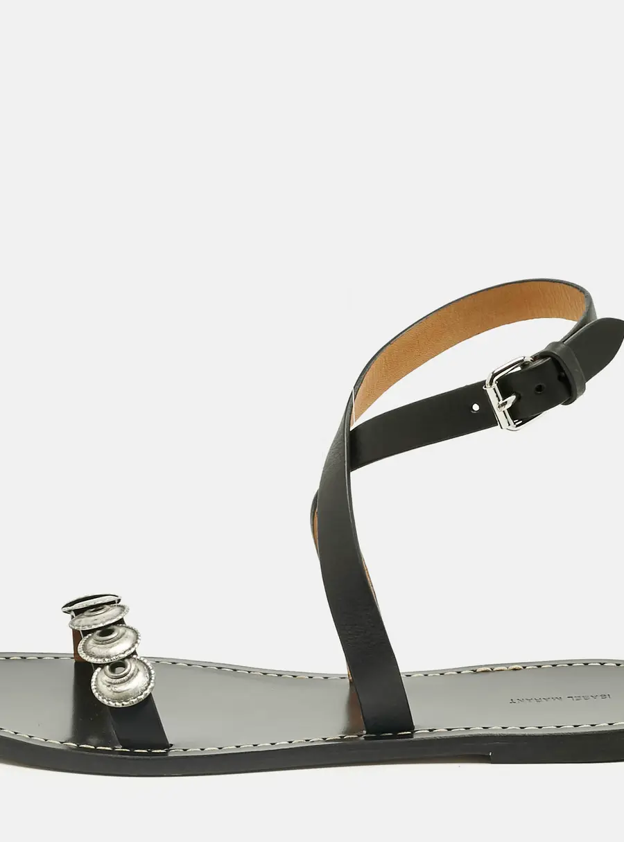 Isabel Marant Black Leather Eldory Ankle Strap Flat Sandals Size 41