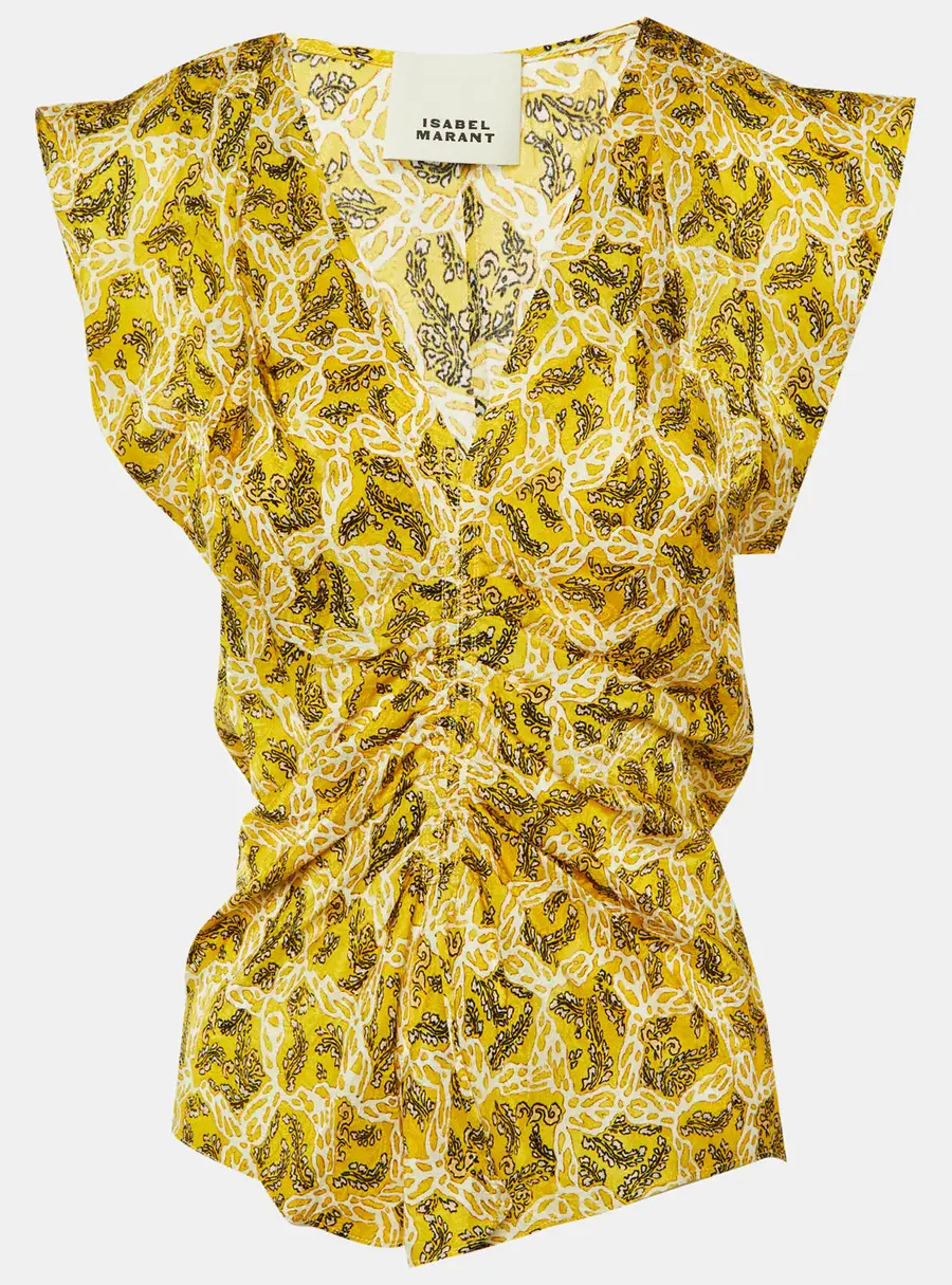 Isabel Marant Yellow Printed Silk Lonea Ruched Top S