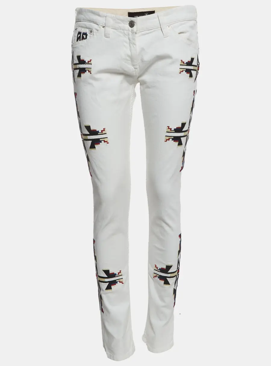 Isabel Marant White Geometric Embroidered Denim Slim Fit Jeans L/Waist 32"