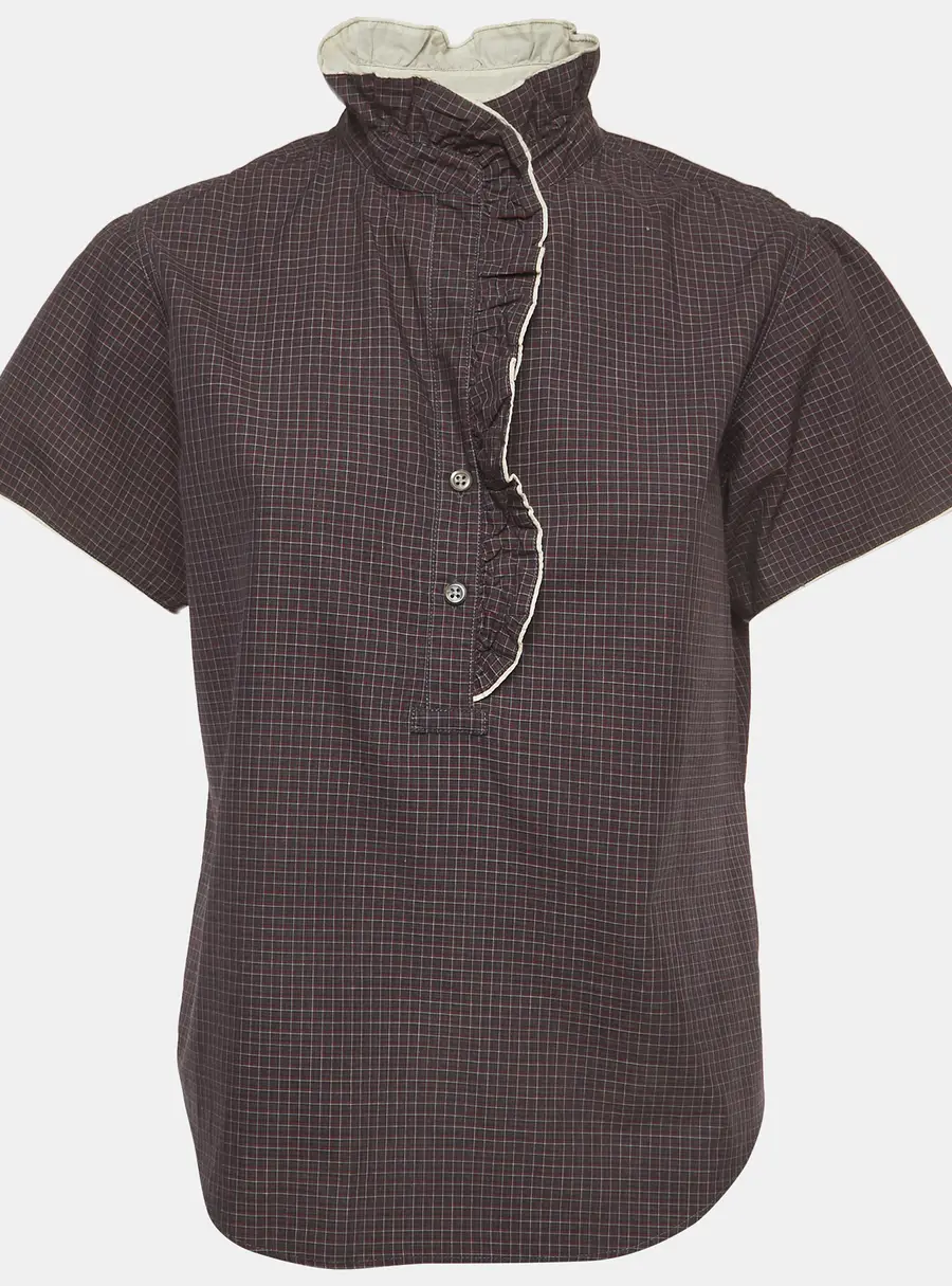 Isabel Marant Grey/Red Check Print Cotton Ruffled Jen Blouse M