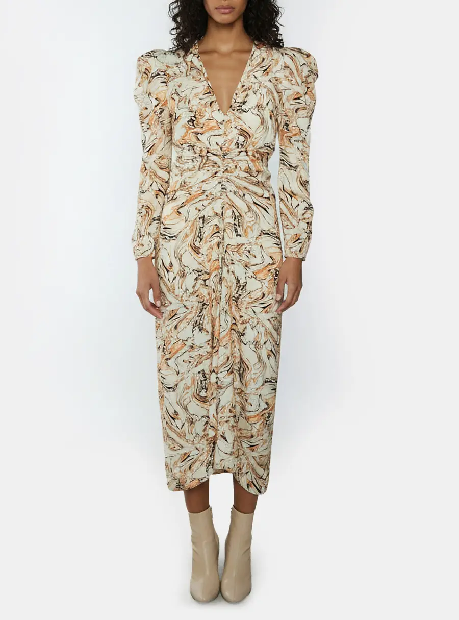 Isabel Marant Marble Print Ruched Silk Crepe Albini Midi Dress S