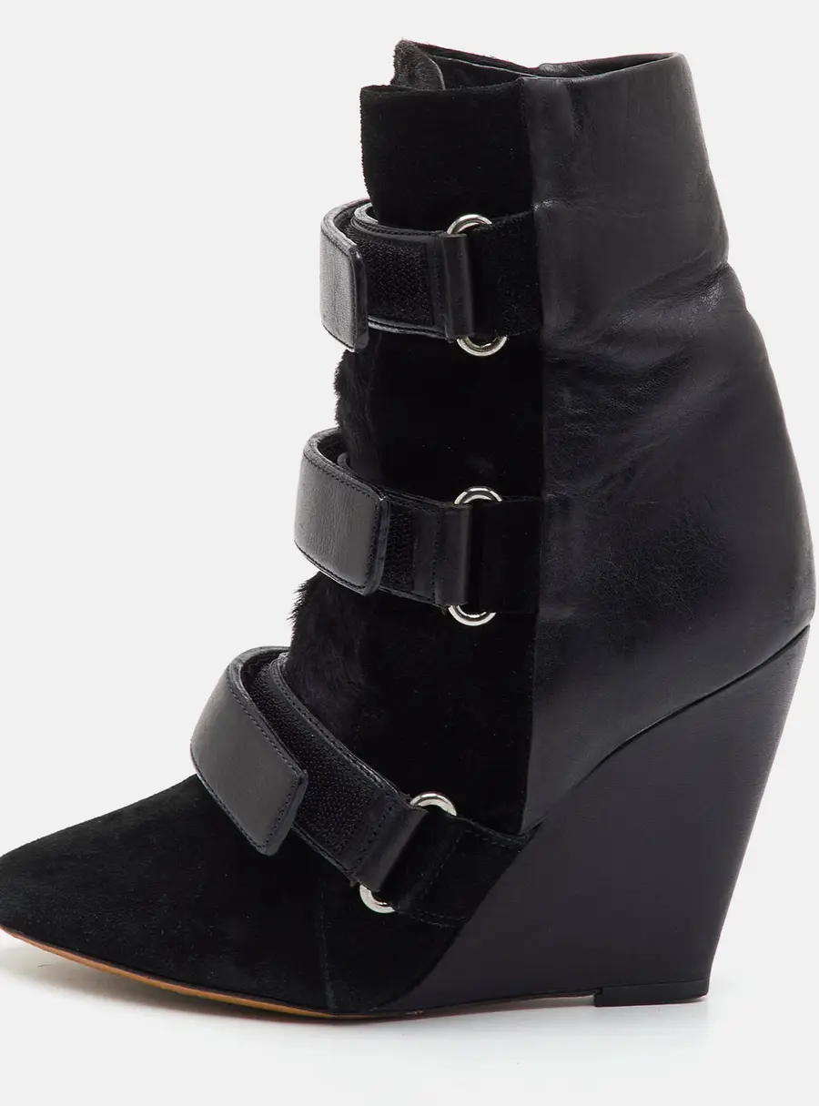 Isabel Marant Scarlet Size 37 Black Calf Hair, Leather and Suede Wedge Ankle Length Boots