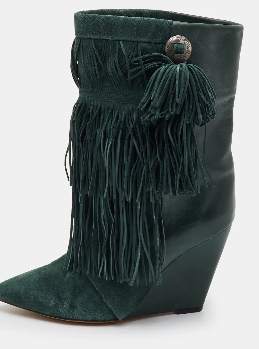 Isabel Marant Jacob Size 39 Green Leather and Suede Fringed Wedge Boots