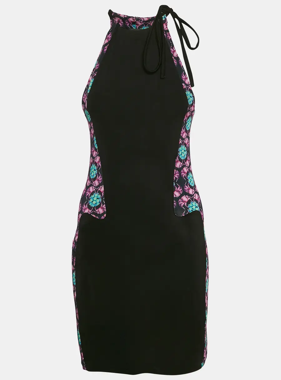 Just Cavalli Black/Multicolor Printed Jersey Halter Neck Midi Dress S