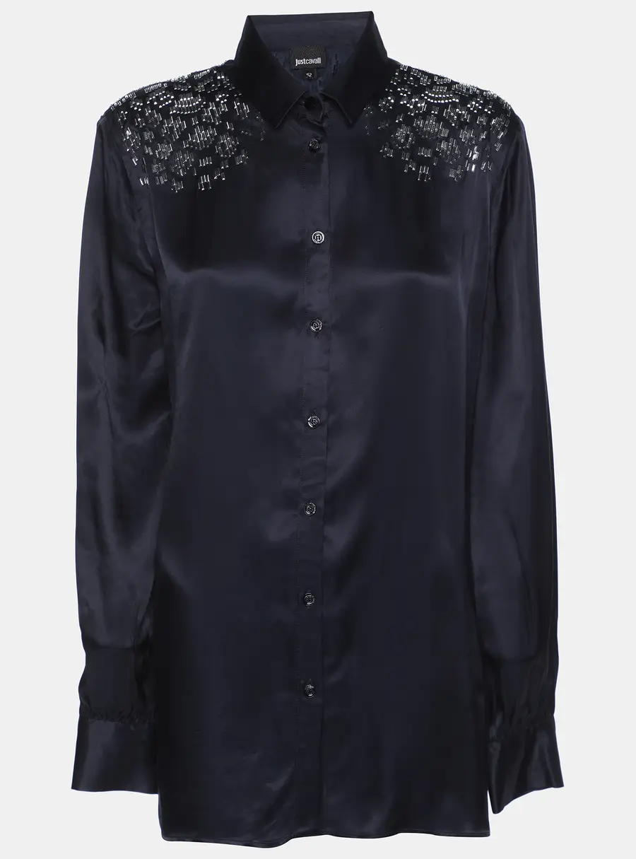 Just Cavalli Navy Blue Viscose Embellished Button Front Shirt M