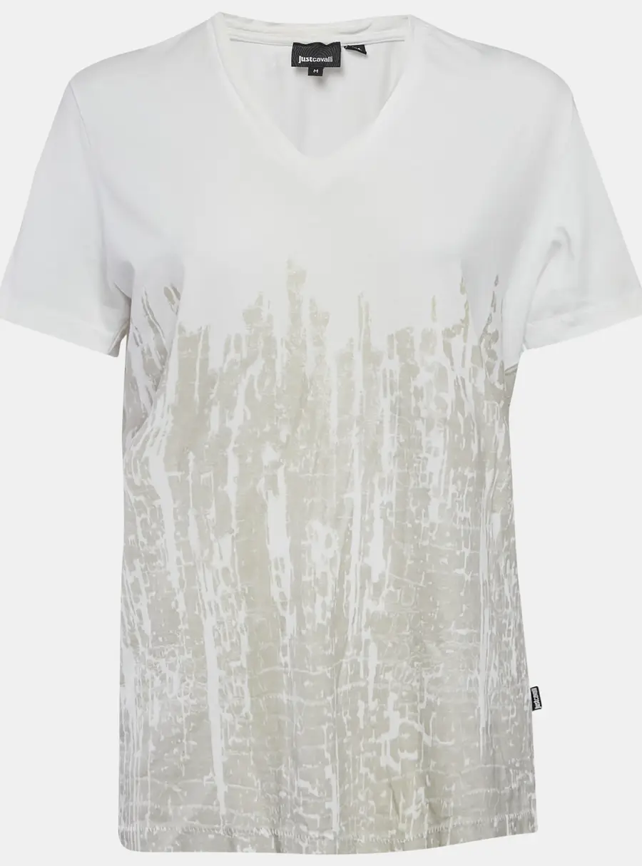 Just Cavalli Off White Printed Cotton Blend V- Neck T-Shirt M