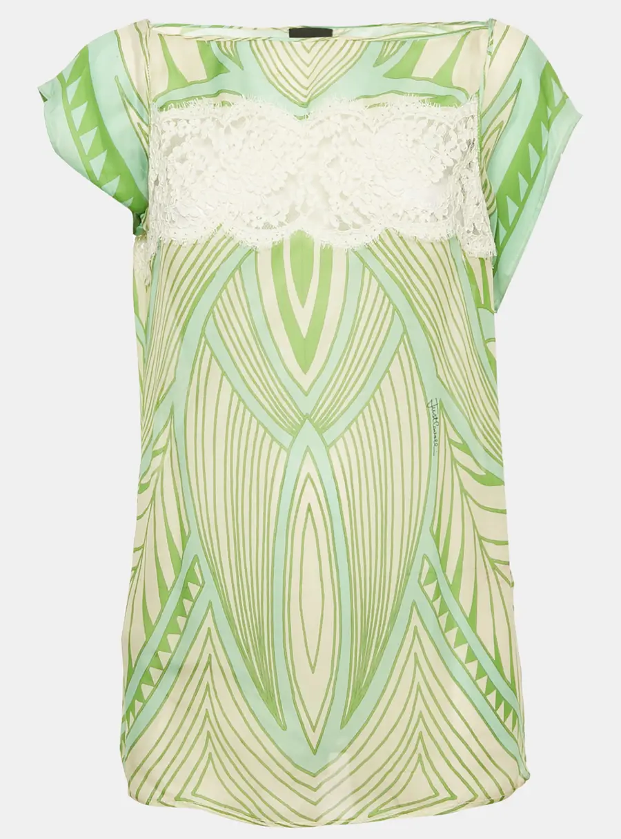 Just Cavalli Green Printed Lace Trim Silk Top L