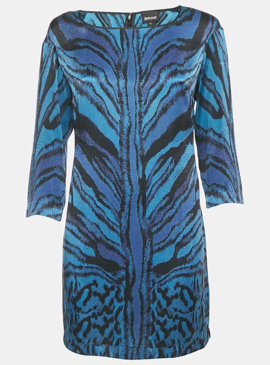 Just Cavalli Blue Animal Print Silk Long Sleeve Mini Dress M