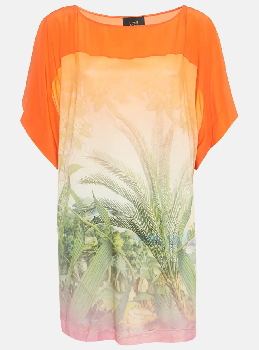 Just Cavalli Orange Printed Silk and Jersey T-Shirt M