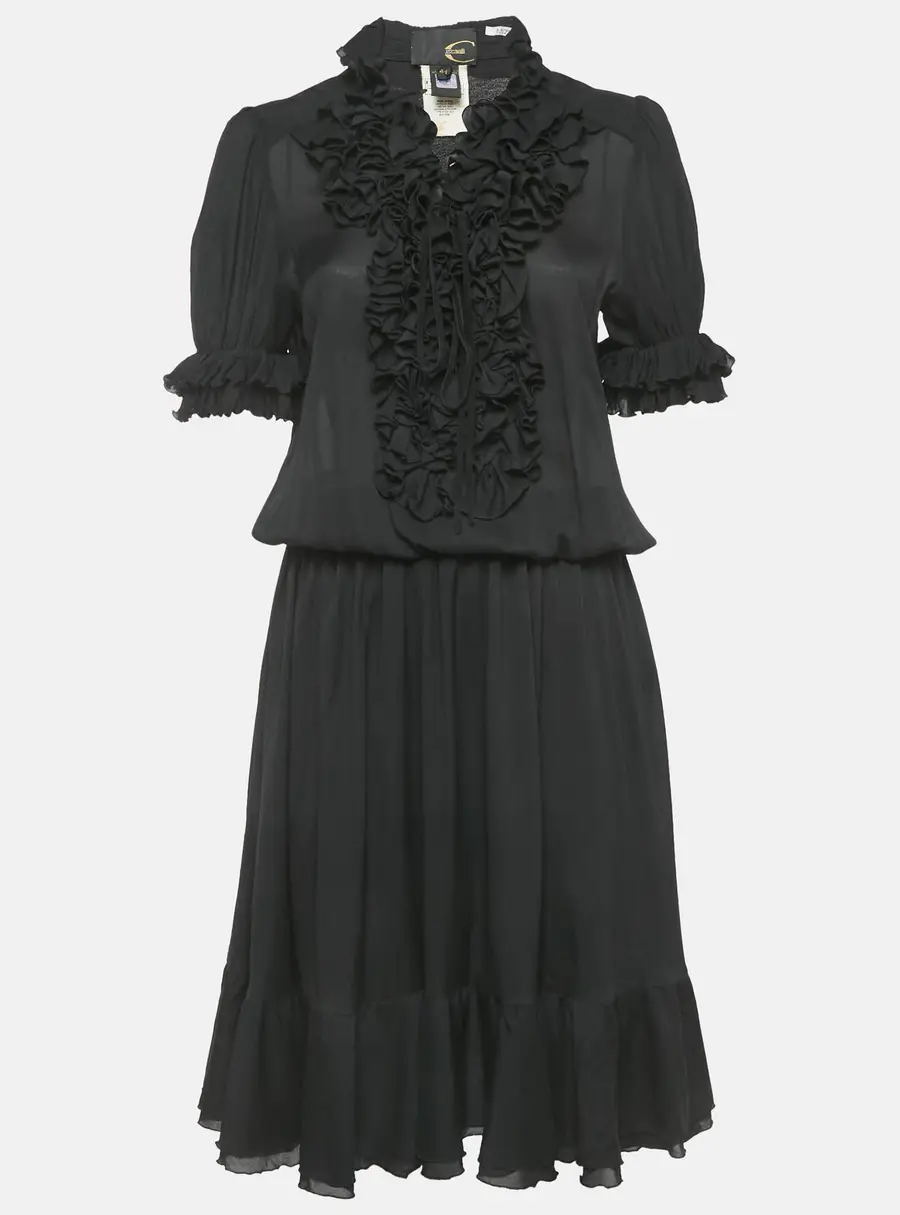 Just Cavalli Black Crepe Frill Detail Sheer Midi Dress M