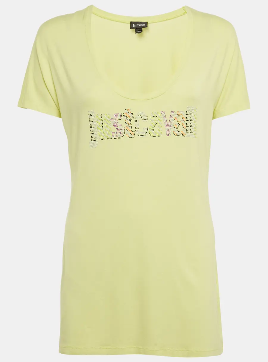Just Cavalli Lime Green Logo Embellished Jersey Round Neck T-Shirt XL