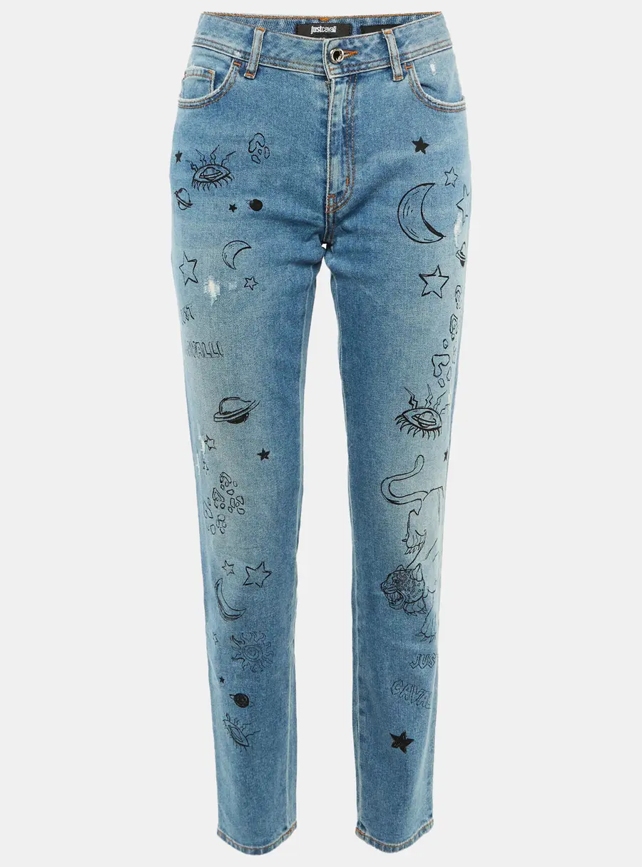 Just Cavalli Blue Doodle Print Denim Slim Fit Jeans M/Waist 30"