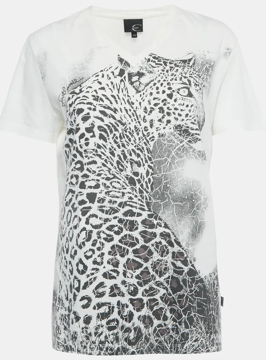 Just Cavalli White Printed Cotton Distressed V-Neck T-Shirt L