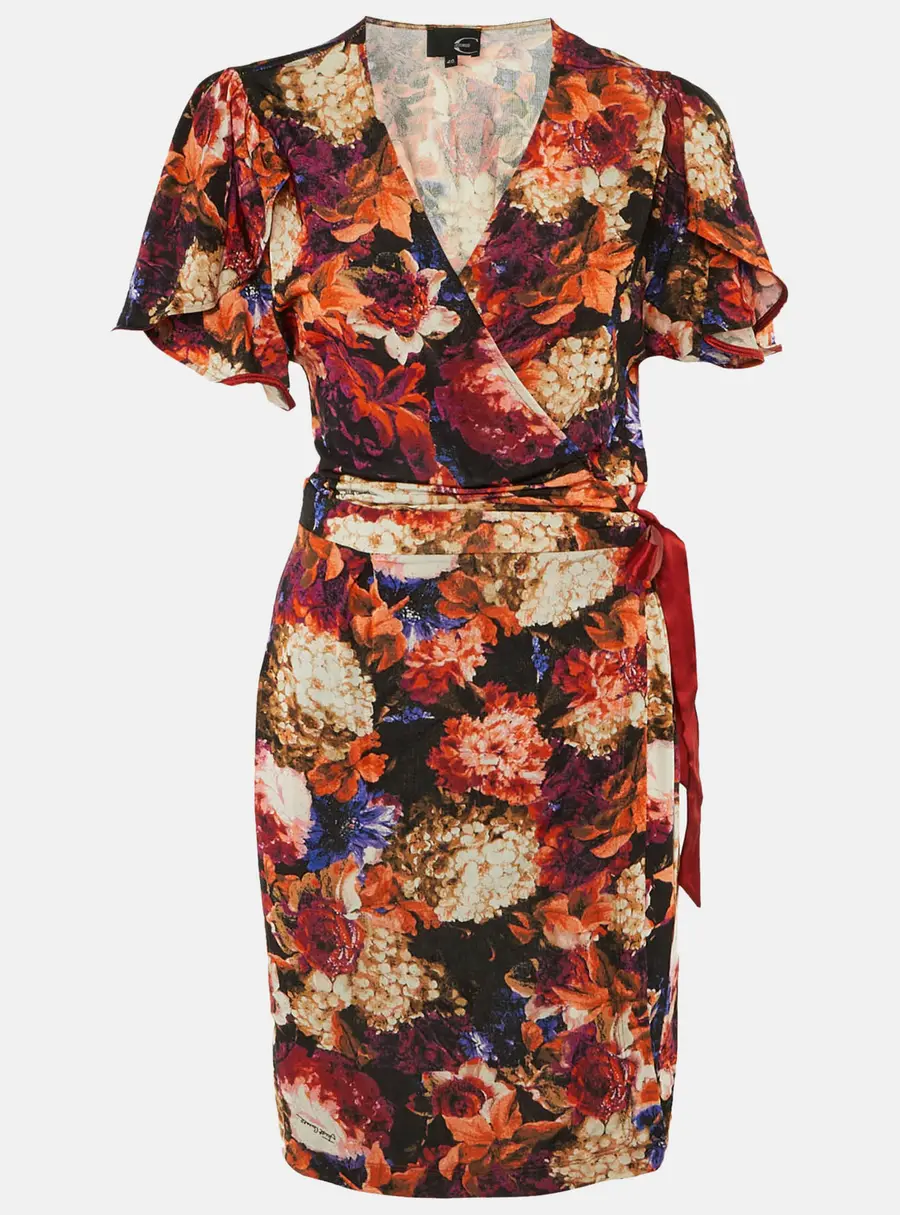 Just Cavalli Multicolor Floral Print Jersey Wrap Around Mini Dress L