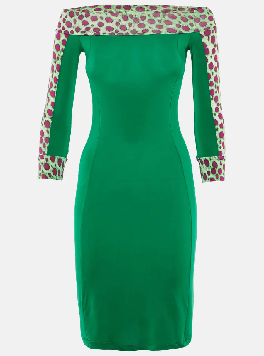 Just Cavalli Green Printed Jersey Off Shoulder Mini Dress S