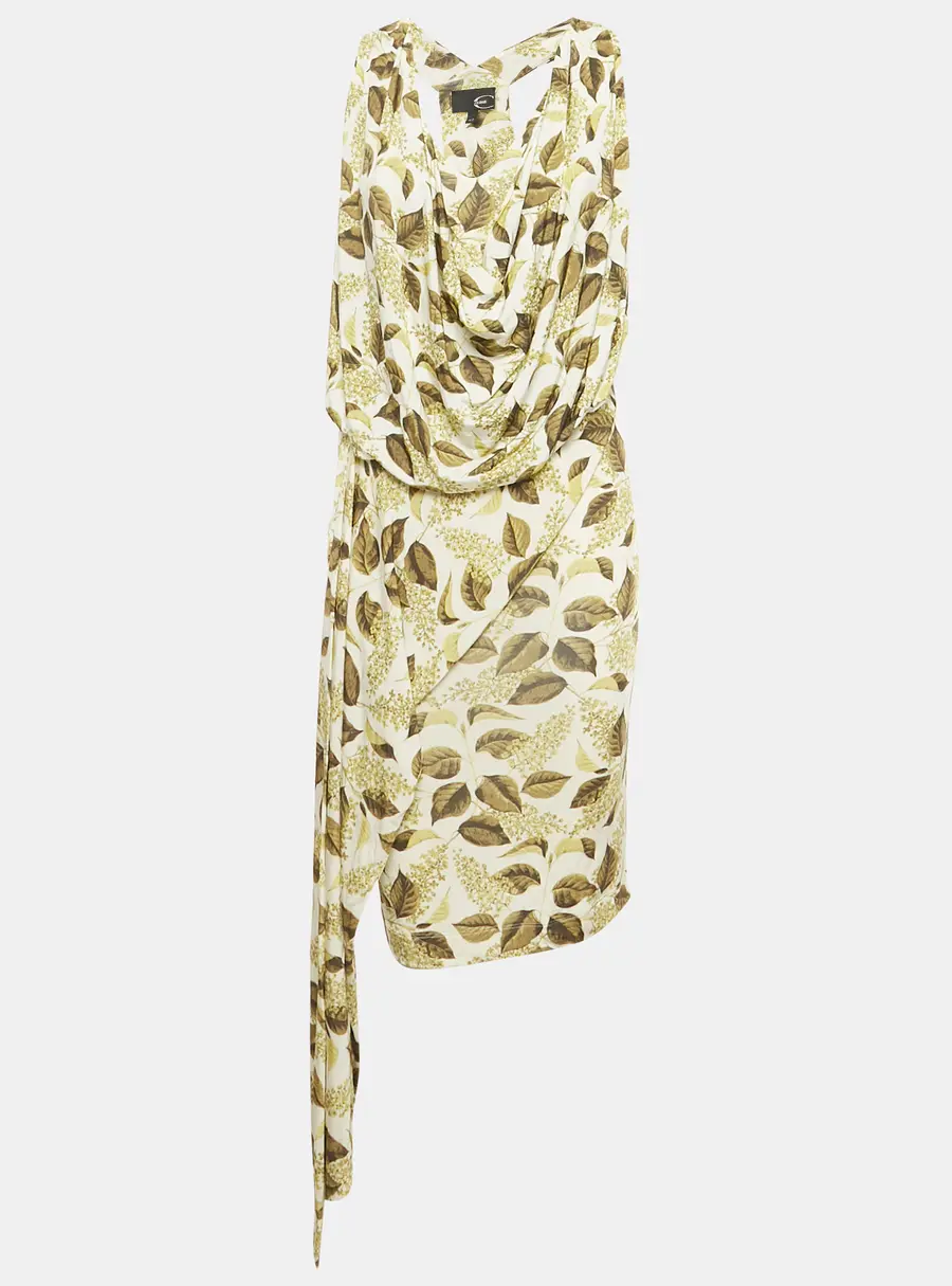 Just Cavalli White Leaf Print Jersey Draped Dress M
