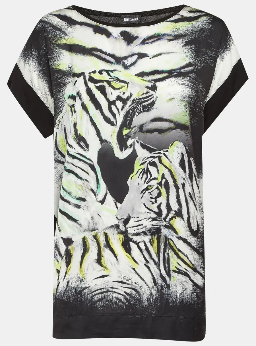 Just Cavalli Black Tiger Print Satin & Knit Crew Neck T-Shirt XS