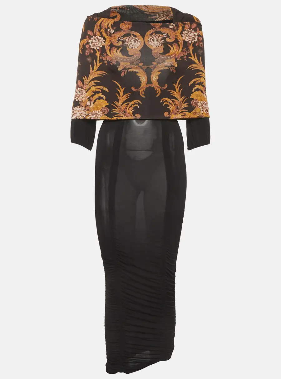 Just Cavalli Black Floral Print Jersey Ruche Midi Dress S