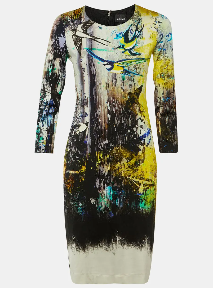 Just Cavalli Multicolor Bird Print Jersey Sheath Dress M