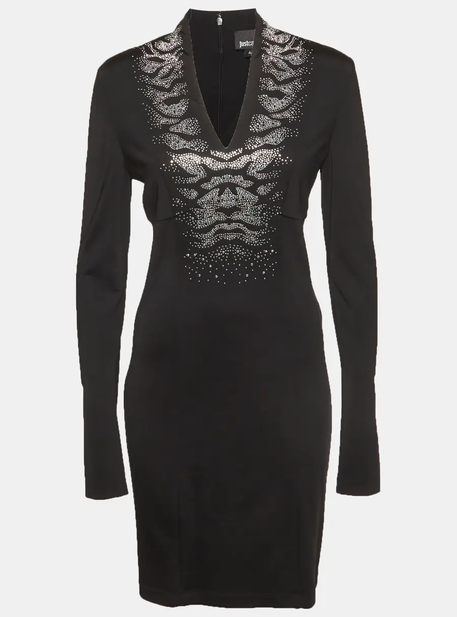 Just Cavalli Black Studded Jersey Midi Dress M