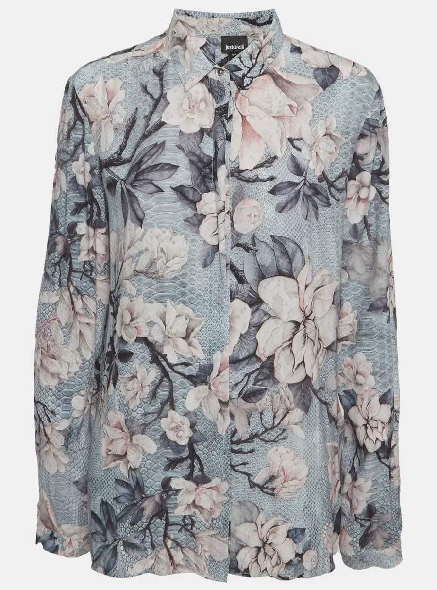 Just Cavalli Blue Floral Print Crepe Shirt M