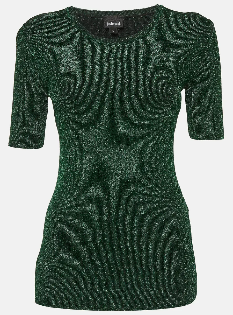 Just Cavalli Green Lam&eacute; Knit Crewneck Top L