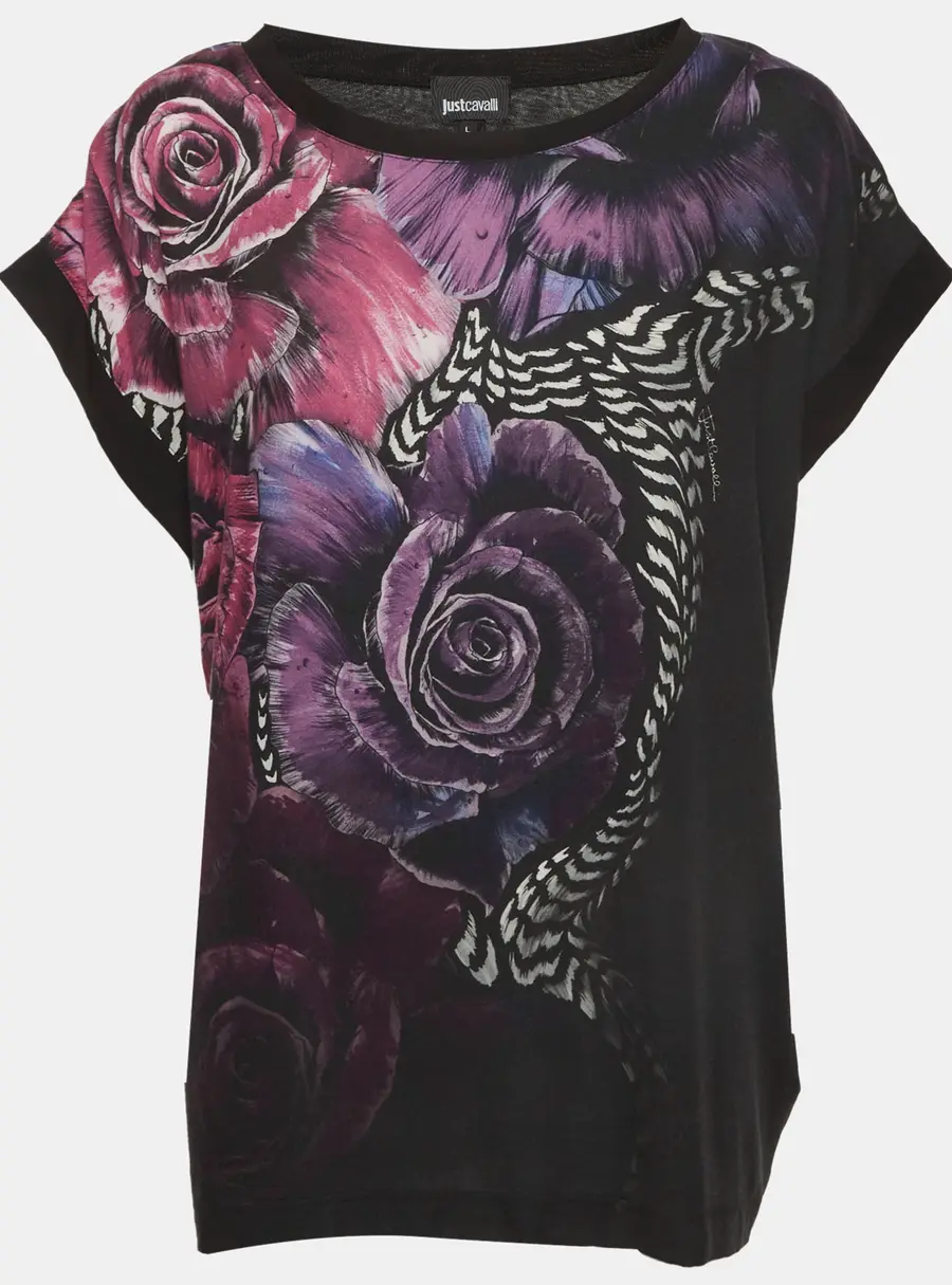 Roberto Cavalli Black Floral Print Jersey T-Shirt L