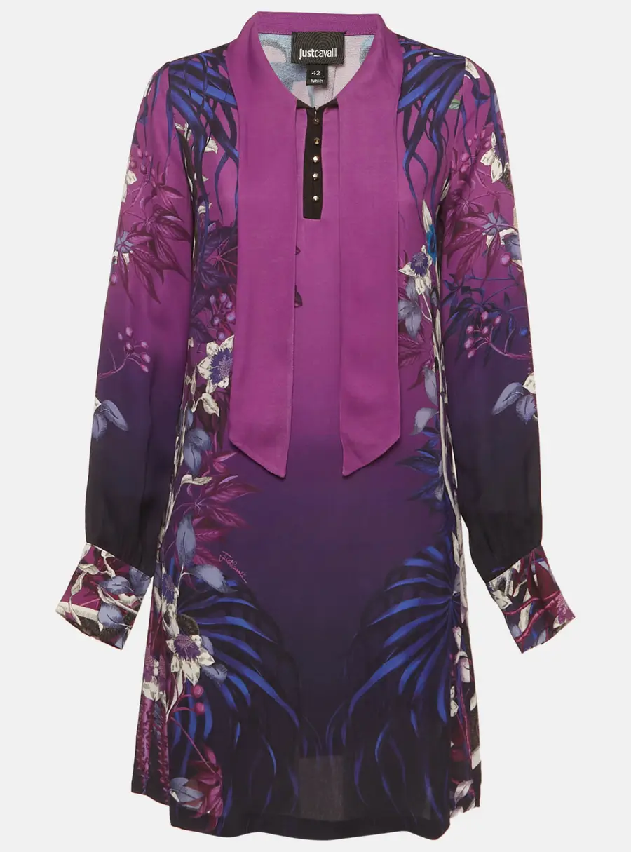 Just Cavalli Purple Printed Crepe Neck Tie Detail Mini Dress M