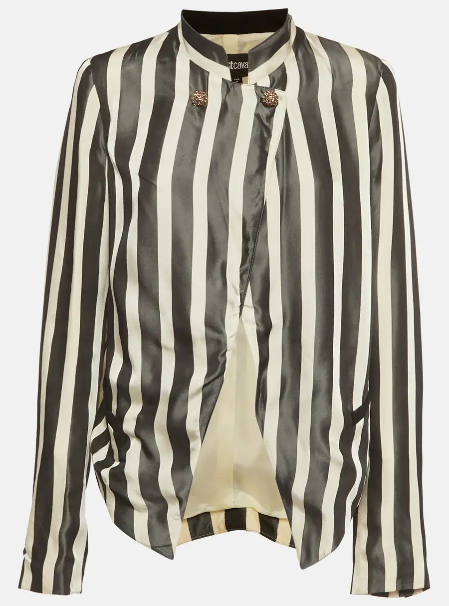 Just Cavalli Black & Cream Striped Crepe Open Front Blazer M