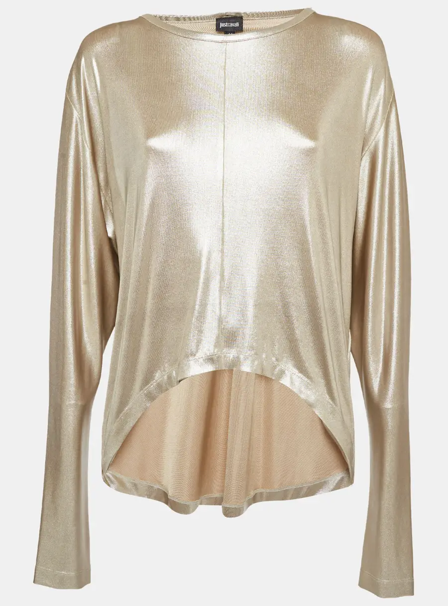 Just Cavalli Metallic Gold Jersey Long Sleeve Asymmetric Hem Top M