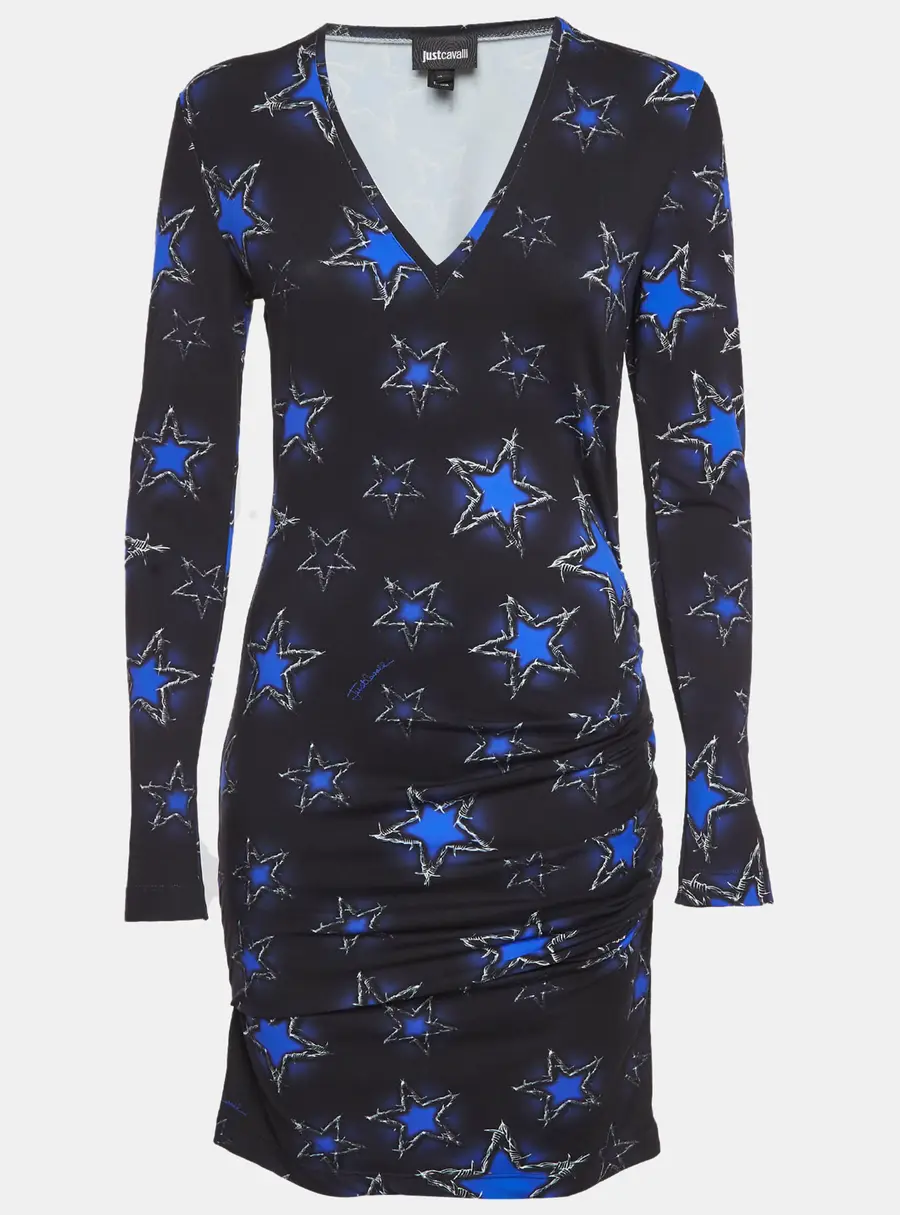 Just Cavalli Black/Blue Star Printed Jersey Midi Dress M
