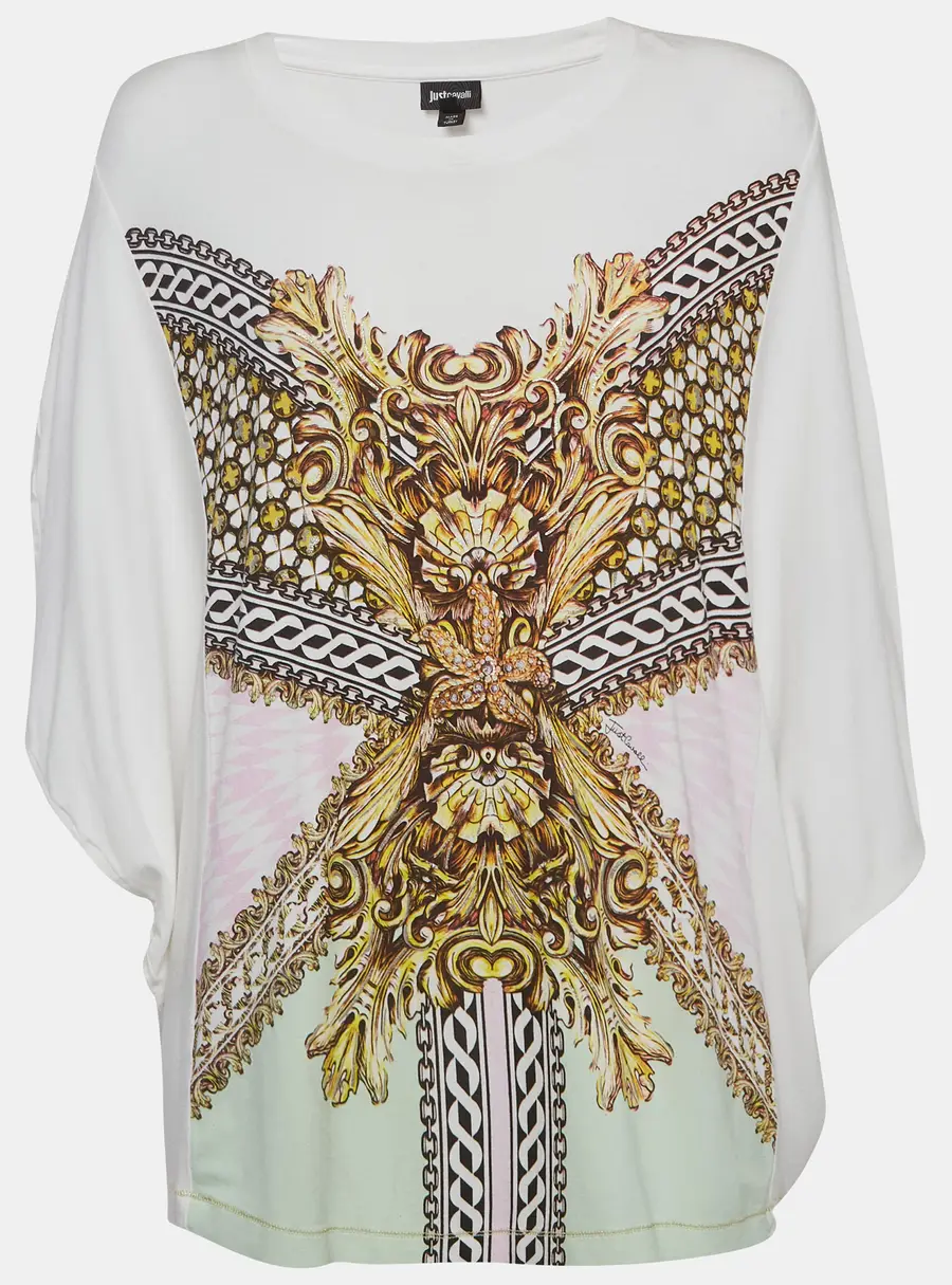 Roberto Cavalli White Printed Jersey Kimono Sleeve Top L