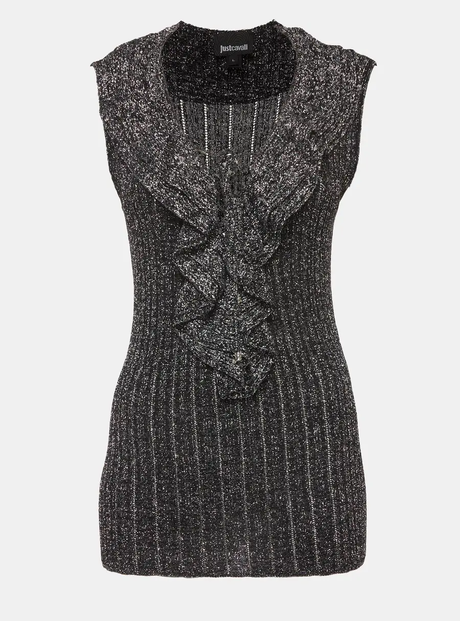 Just Cavalli Silver/Black Lurex Knit Ruffled Lace-Up Top L