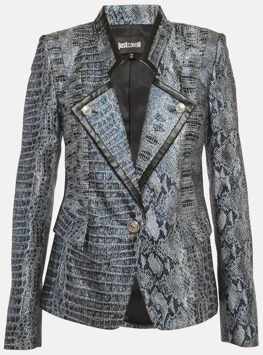 Just Cavalli Metallic Blue Snakeskin Jacquard Blazer M