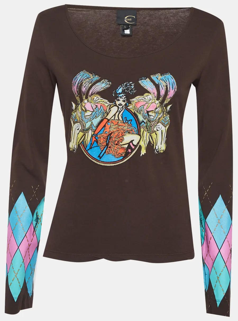Just Cavalli Brown Graphic Print Argyle Patterned Sleeves Top L