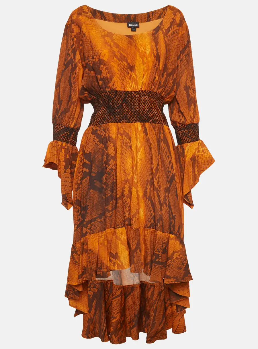Just Cavalli Orange Snake Skin Print Crepe Asymmetric Hem Midi Dress M