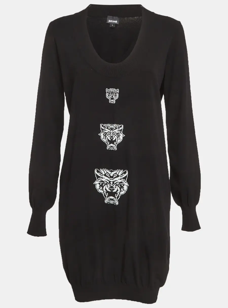 Just Cavalli Black Logo Intarsia Knit Sweater Dress L