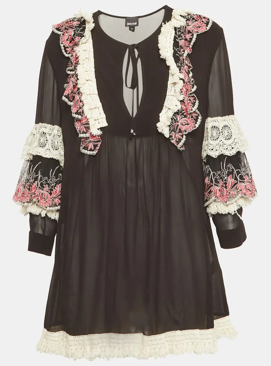 Just Cavalli Black Chiffon Lace Detail Tunic Dress M