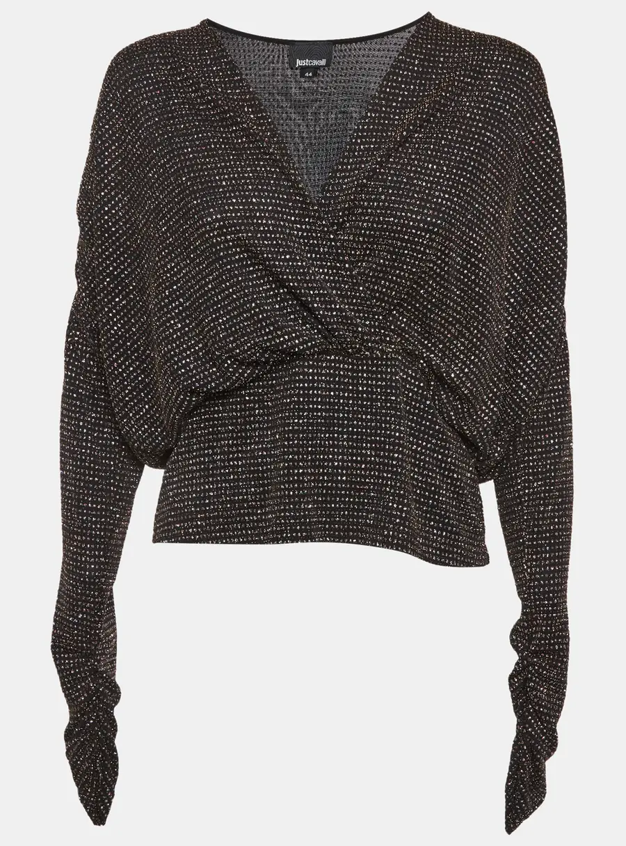 Just Cavalli Black Glitter Print Knit Faux Wrap Top M