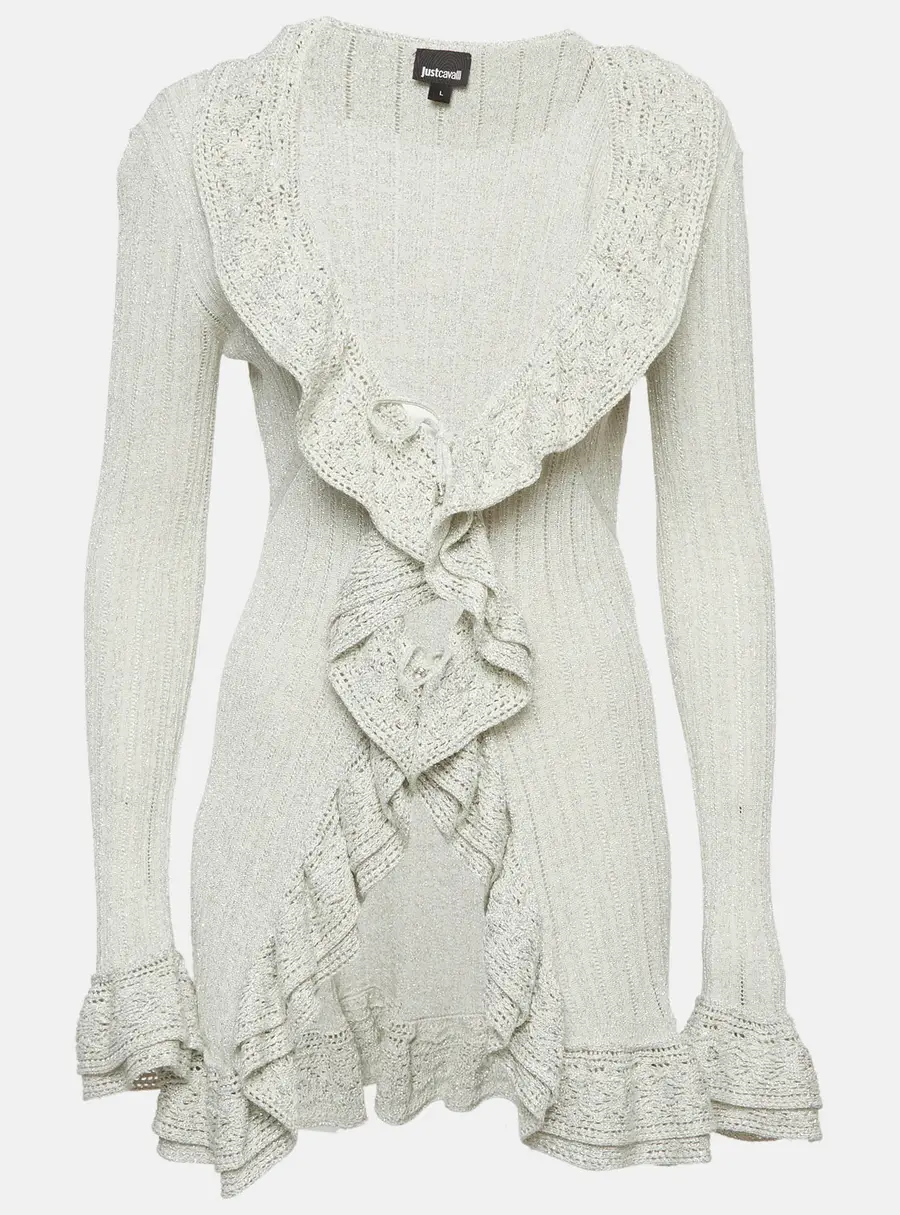 Just Cavalli Metallic Grey Lurex Knit Ruffle Cardigan L