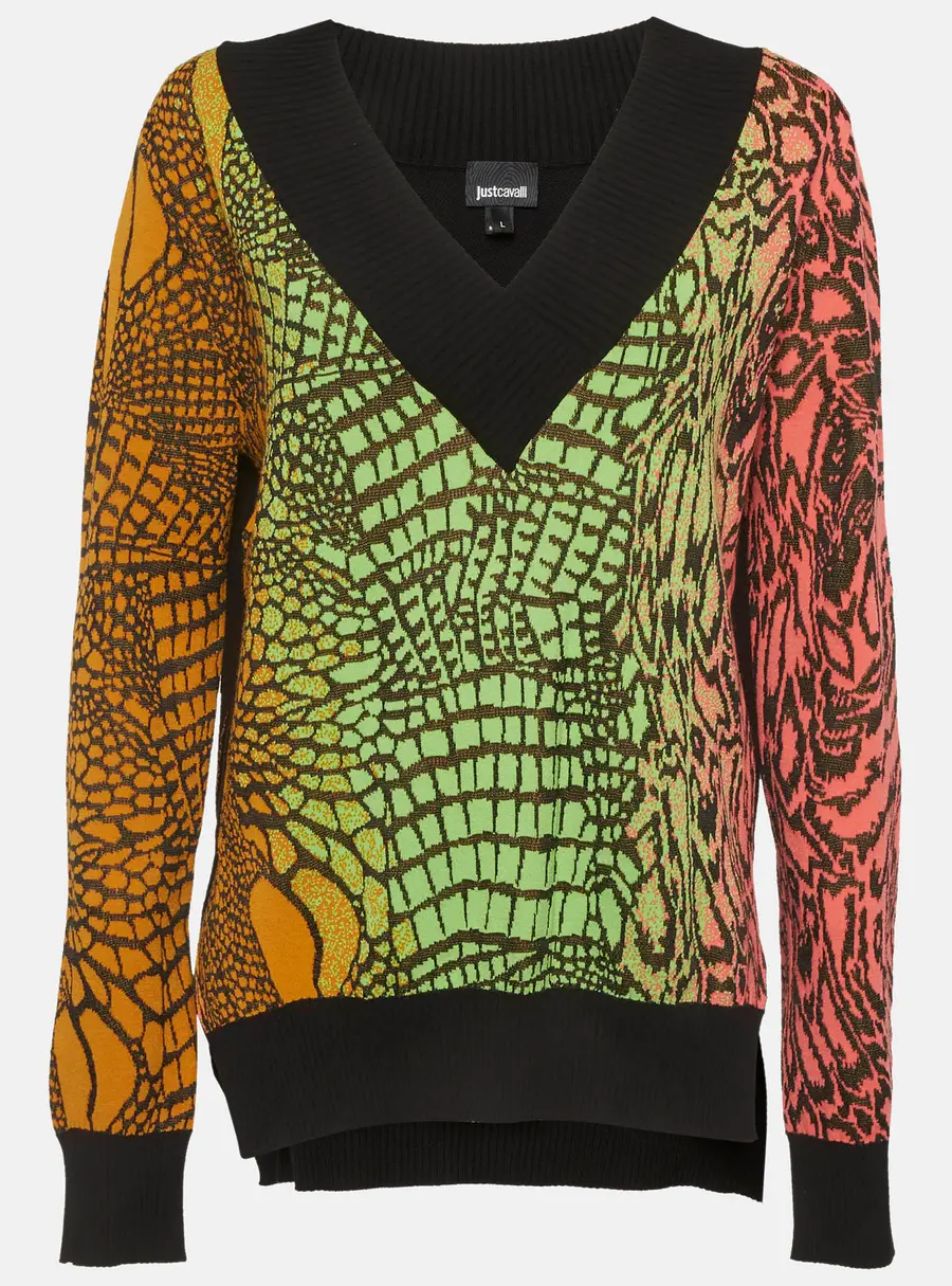 Just Cavalli Multicolour Animal Pattern Knit V-Neck Sweater L