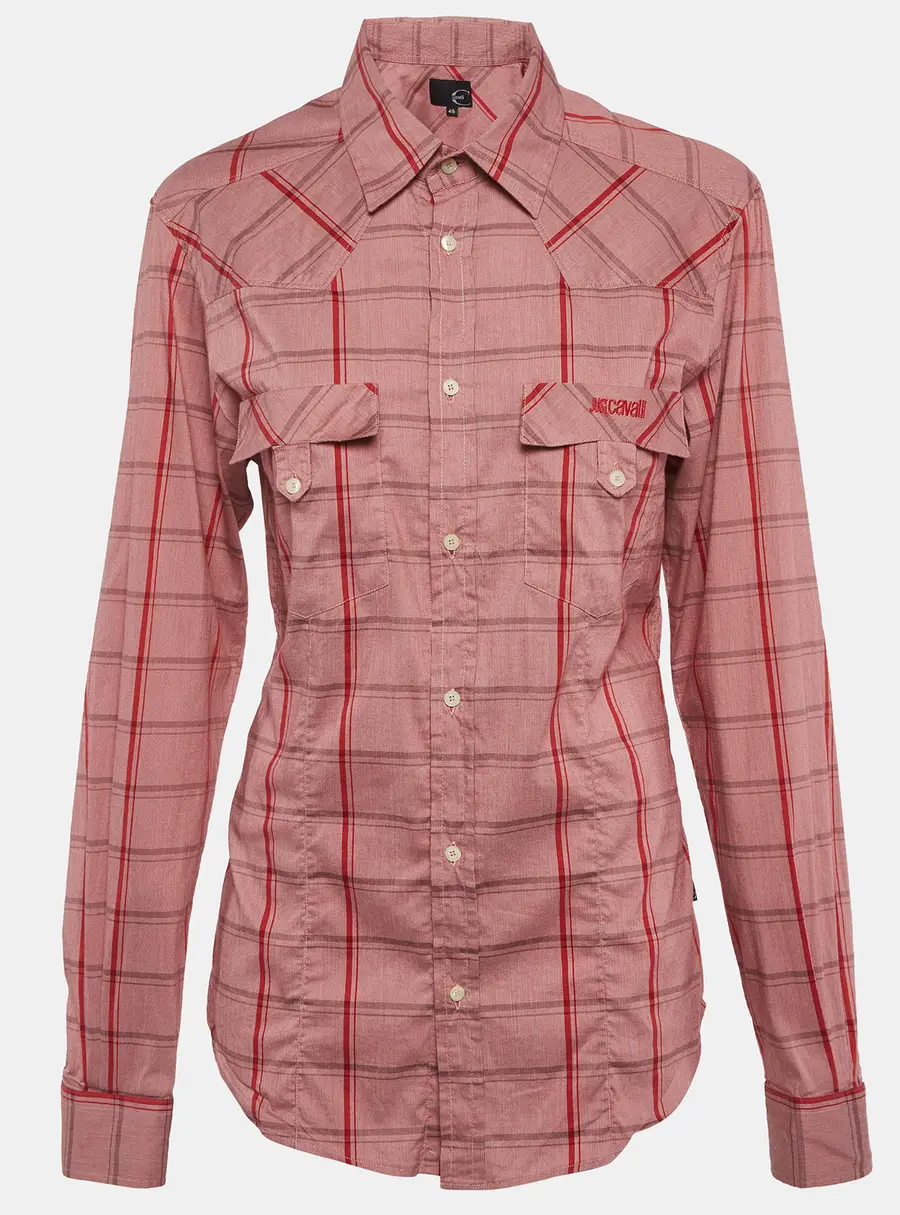 Just Cavalli Red Plaid Print Stretch Cotton Button Up Shirt L