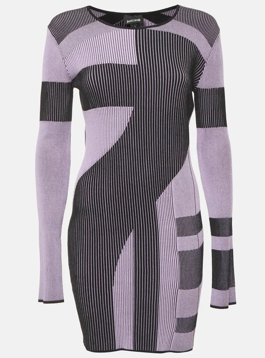 Just Cavalli Black/Lilac Patterned Rib Knit Mini Dress L