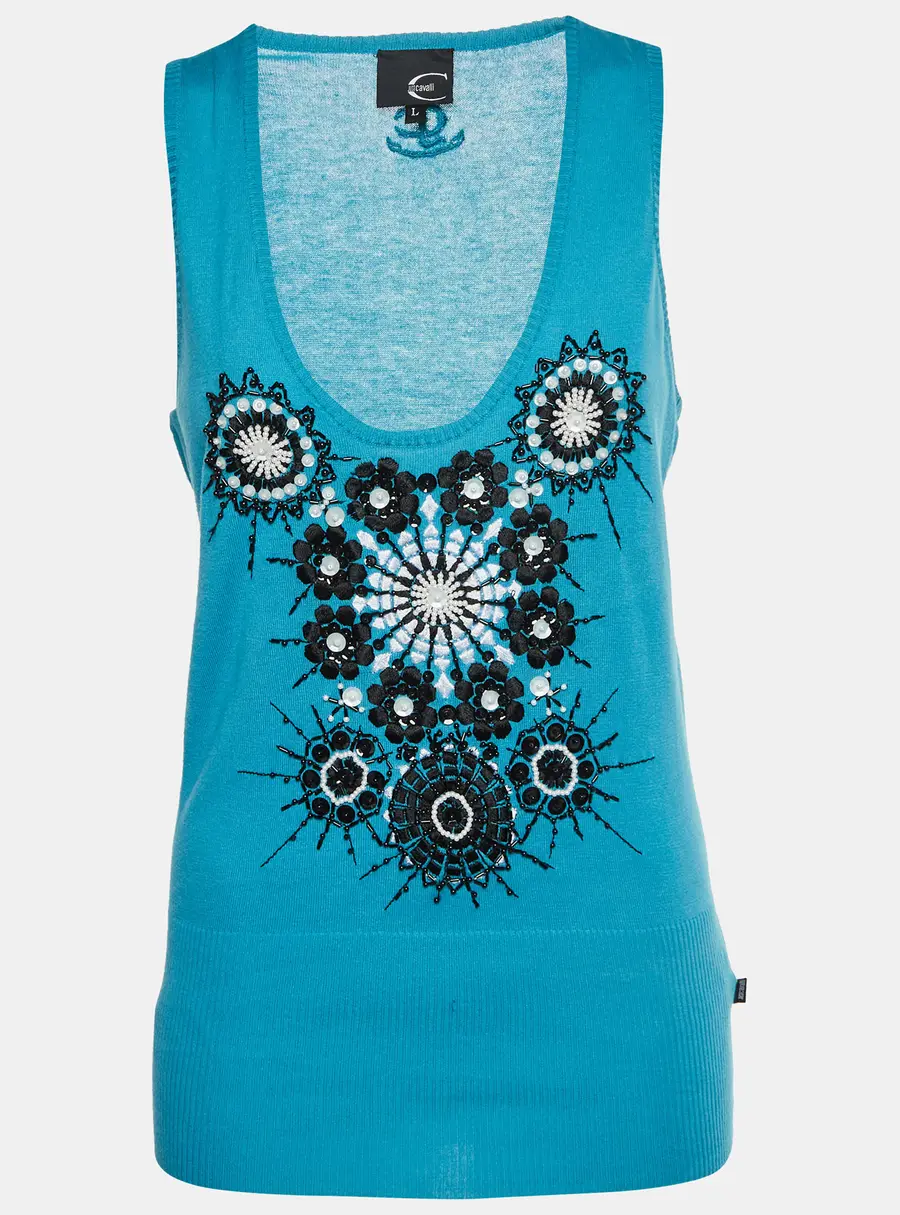 Just Cavalli Blue Jersey Embroidered Tank Top L