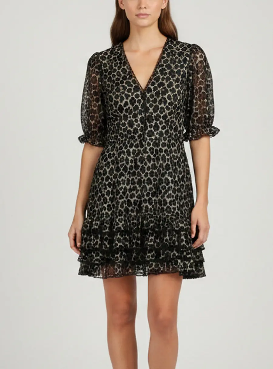Just Cavalli Gold/Black Leopard Print Lace Ruffled Mini Dress M
