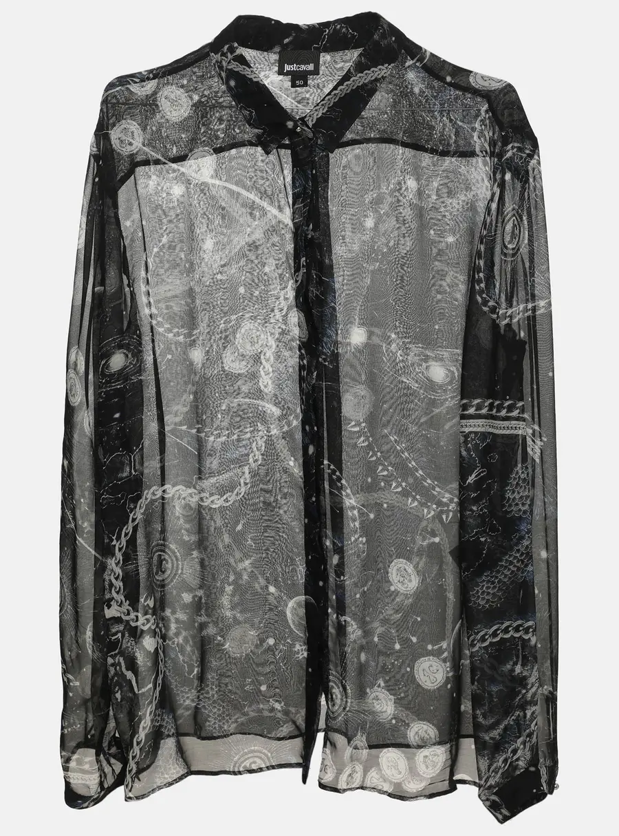 Just Cavalli Black Multicolor Printed Chiffon Long Sleeve Shirt XL