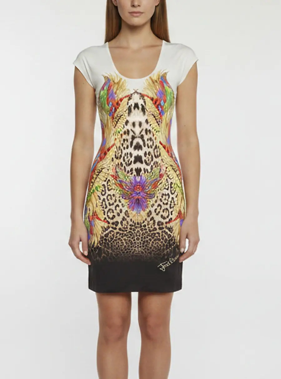 Just Cavalli White Leopard Feather Print Jersey Mini Dress S